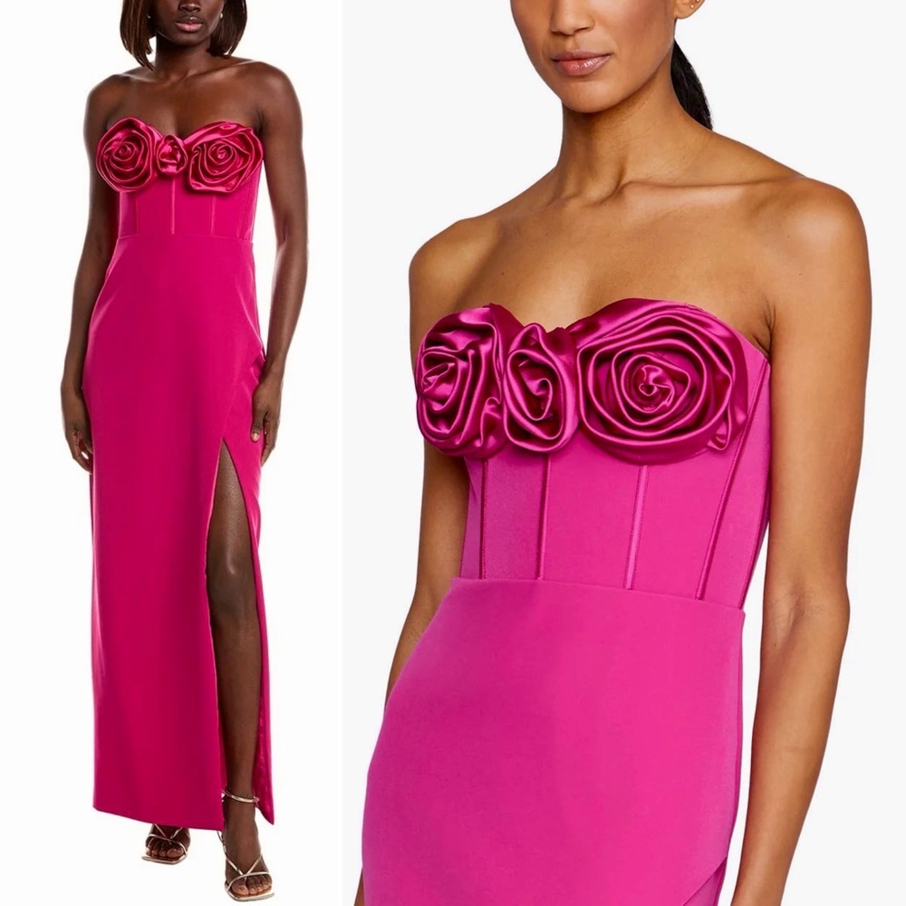Monique Lhuillier Gemma Rosette Strapless Column Gown Dress Fuchsia Pink Formal - Picture 9 of 12